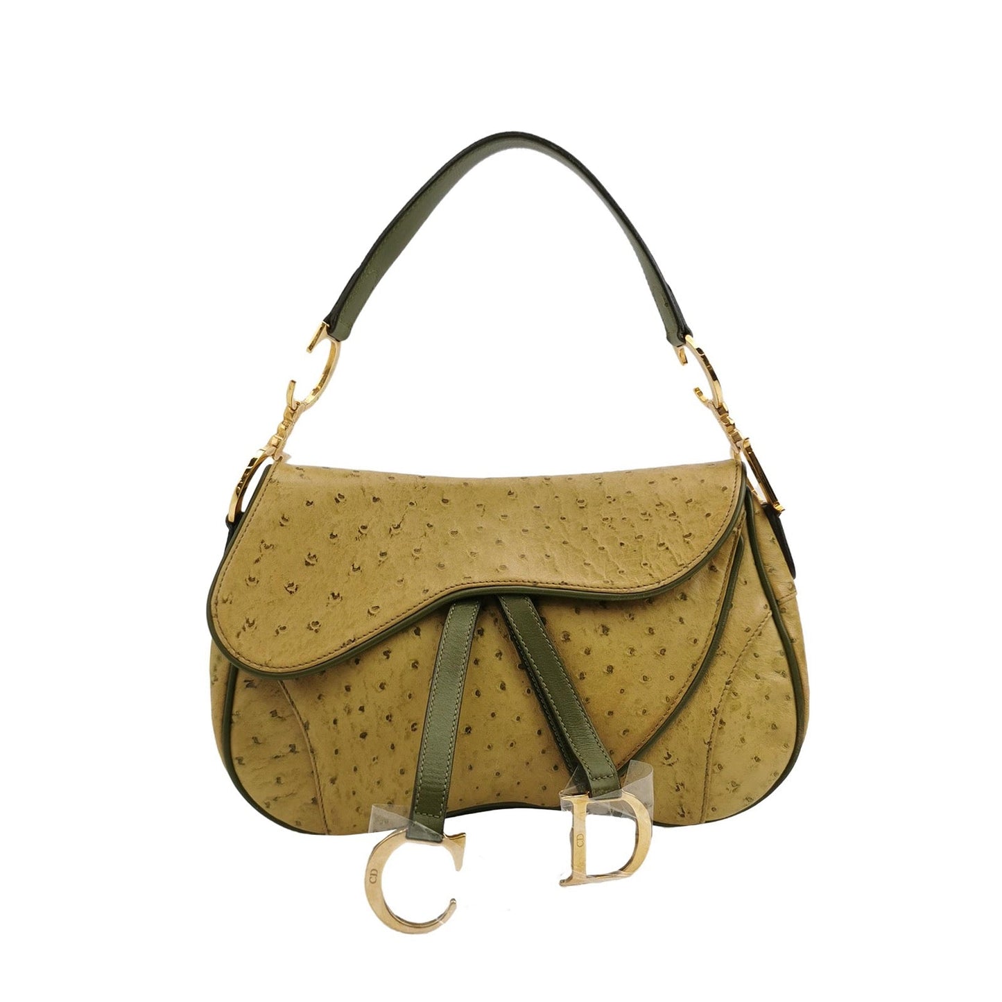 Dior   Double Saddle Green Ostrich Leather Gold Hardware