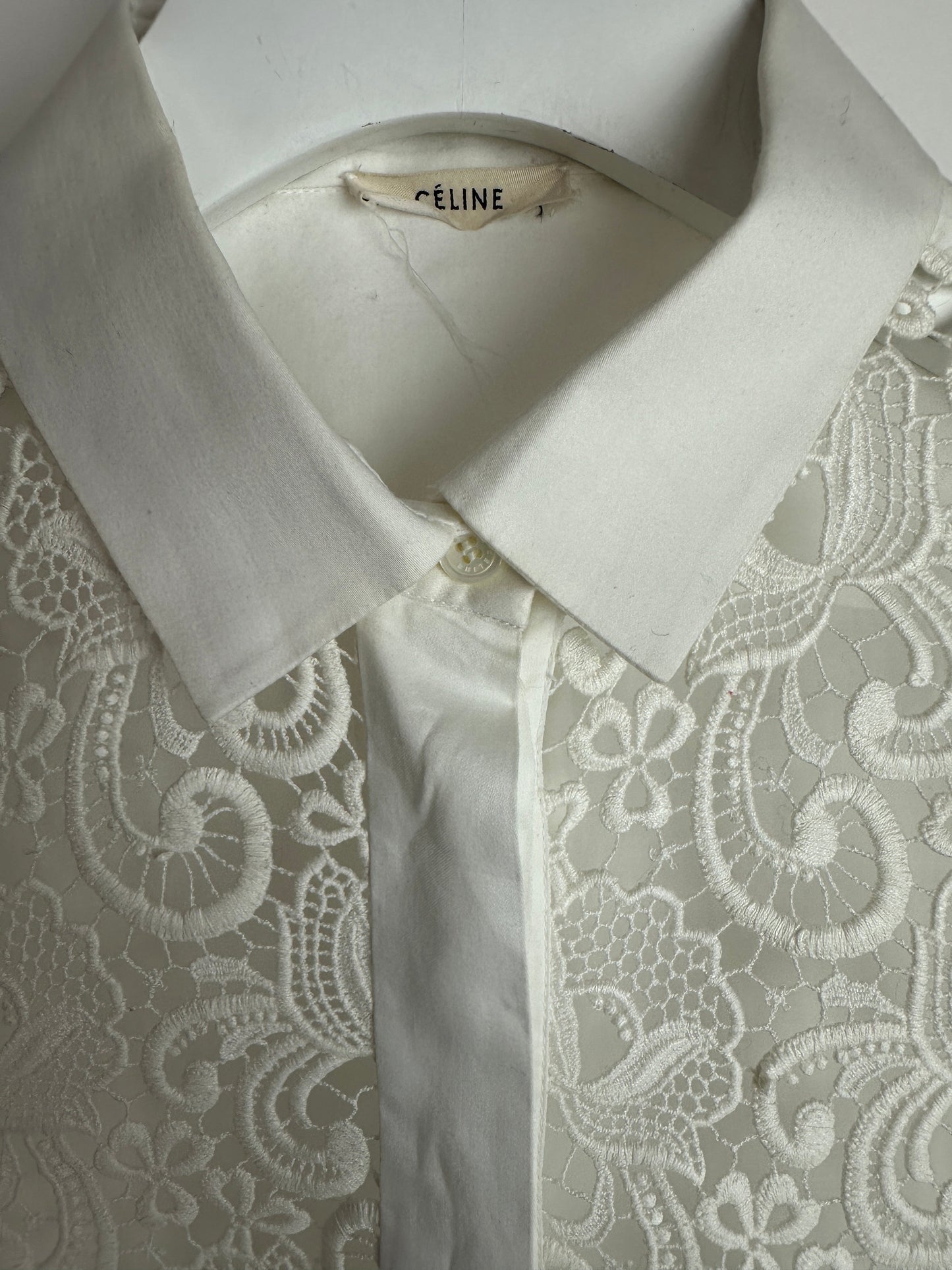 Celine White Cotton Poplin Long Sleeve Shirt with Macrame Front Detail Size FR 38 (UK 10)
