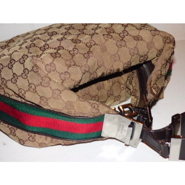 Gucci   Shades Of Brown Large G Logo Leather Canvas Hobo Bag