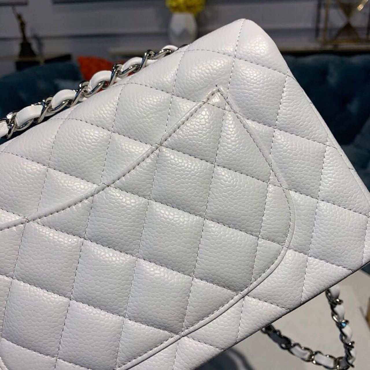CHLSmall Classic Handbag Silver Hardware White For Women, Women’s Bags, Shoulder And Crossbody Bags 7.8in/20cm A01113