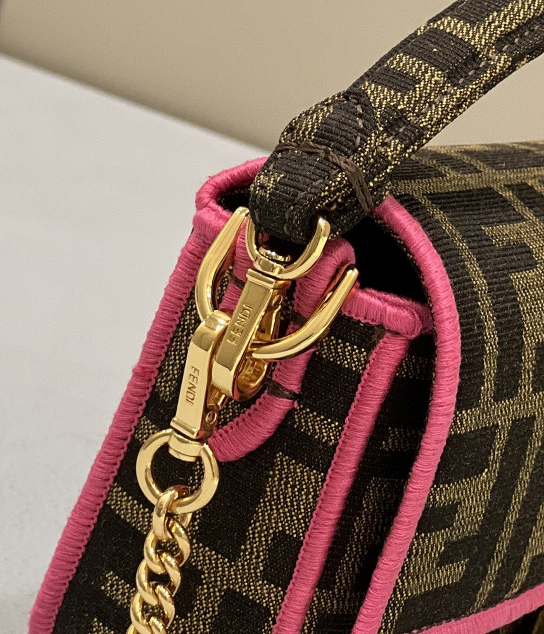 Top QualityTop Quality Baguette Small Brown Fabric Pink Border Bag For Woman 18cm/7in