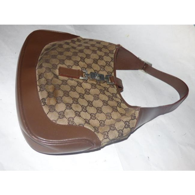 Gucci Jackie   Style Shoulder Purse Brown Large G Logo Print Leather Canvas Hobo Bag