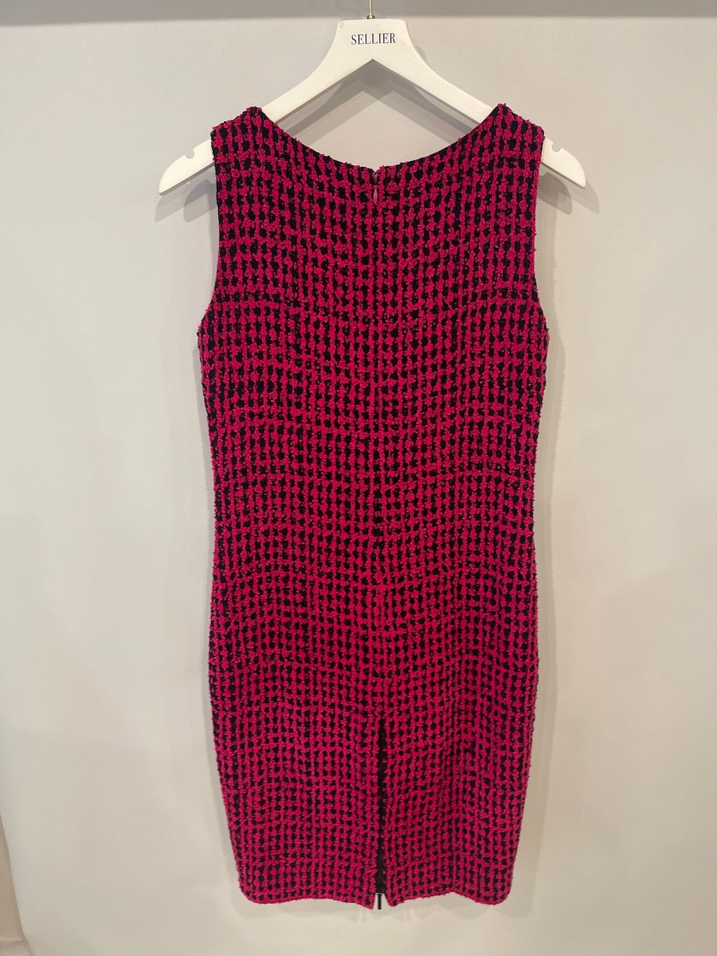 Chanel Fall 2016 Pink and Black Tweed Sleeveless Midi Dress with CC Logo Tweed Buttons Size FR 38 (UK 10)
