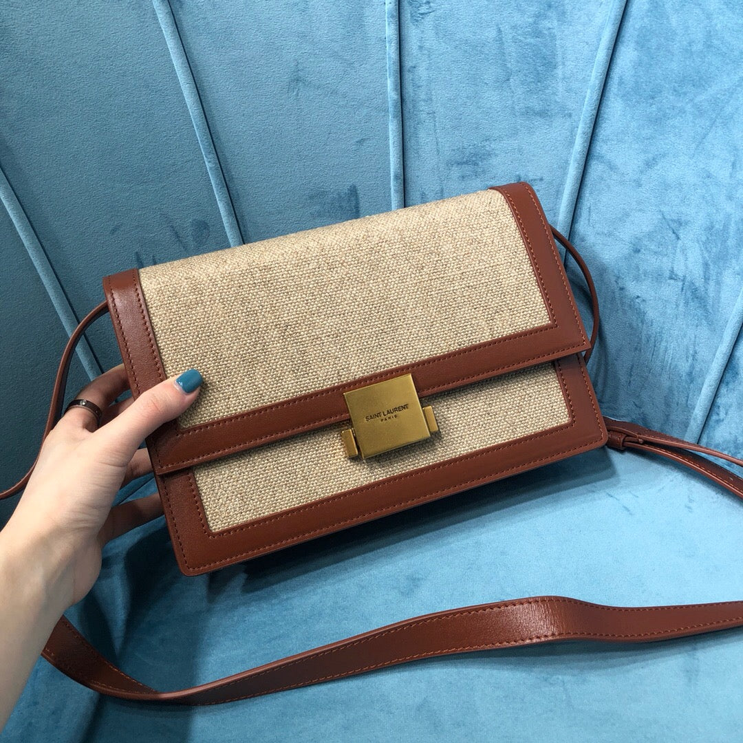 Top Quality Le Carré Satchel In Canvas And Box Natural Beige &amp; Brick For Women 9in/23cm YSL 