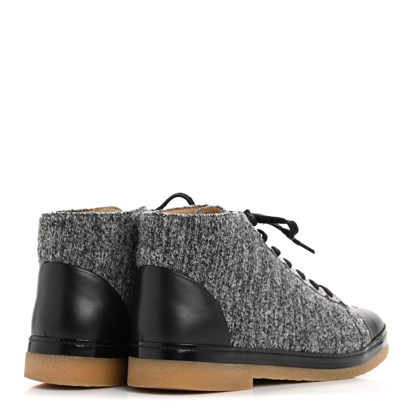 Chanel Wool Calfskin CC Lace Up Short Boots 37.5 Grey Black