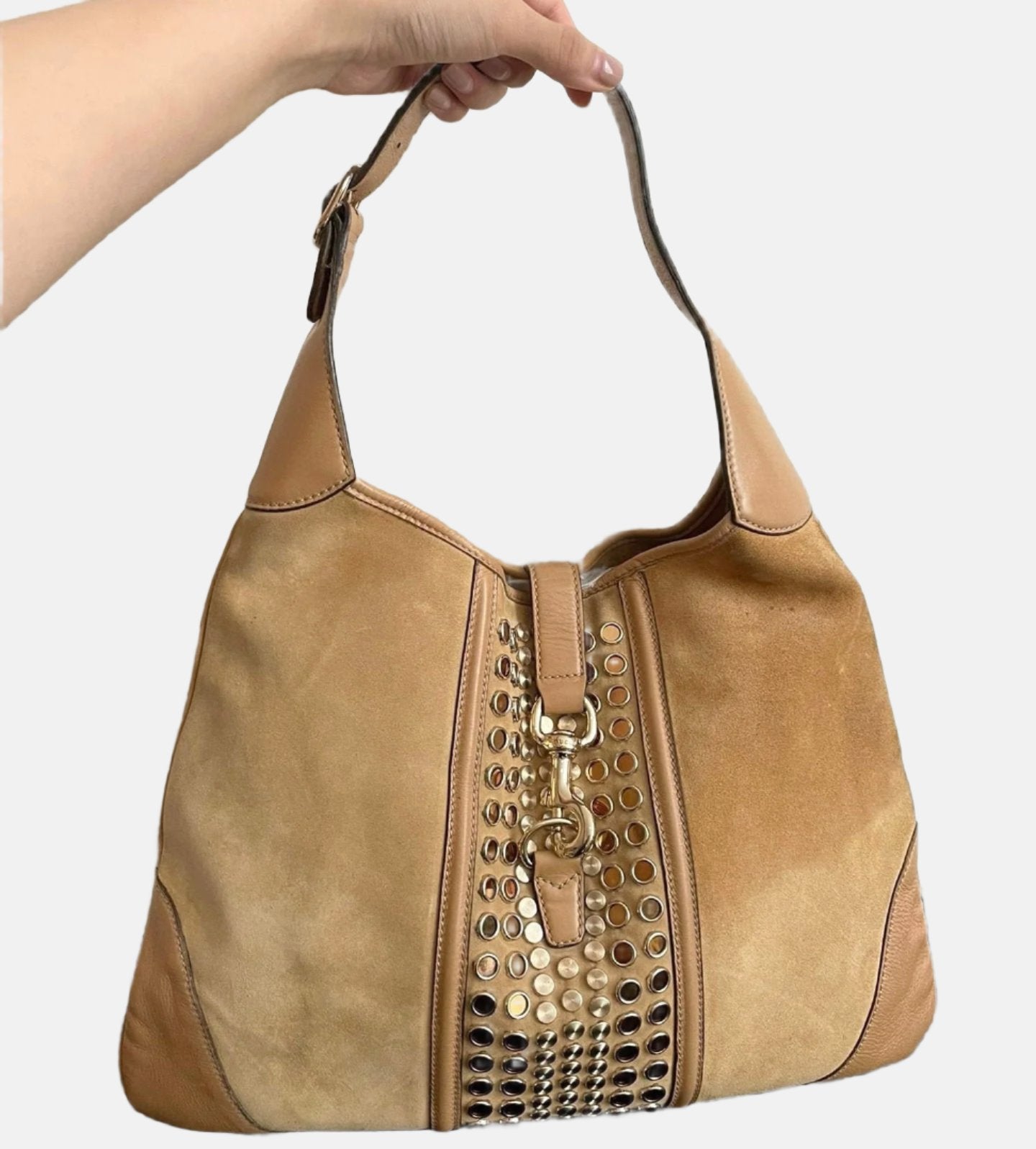 Gucci Jackie   Medium Tan Brown Suede Leather Gold Hardware