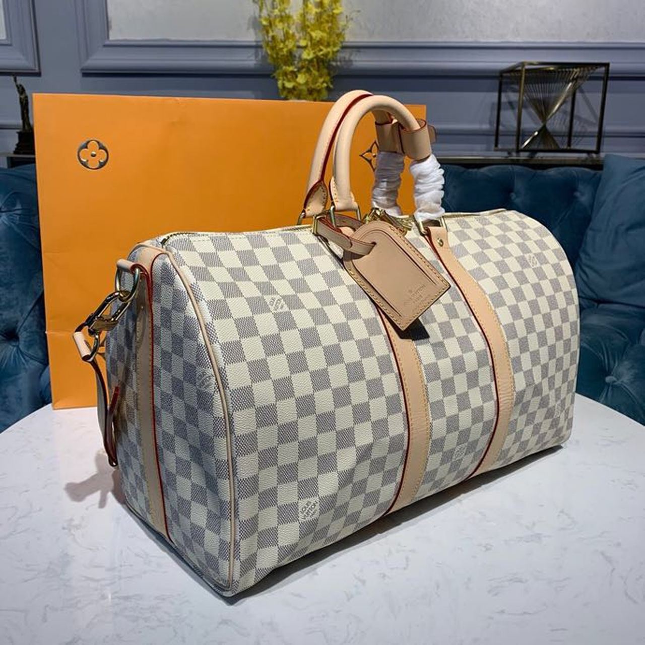Top Quality Keepall Bandouliere 45 Damier Azur Canvas For Women, WoBags, Travel Bags 17.7in/45cm Top Quality N41430
