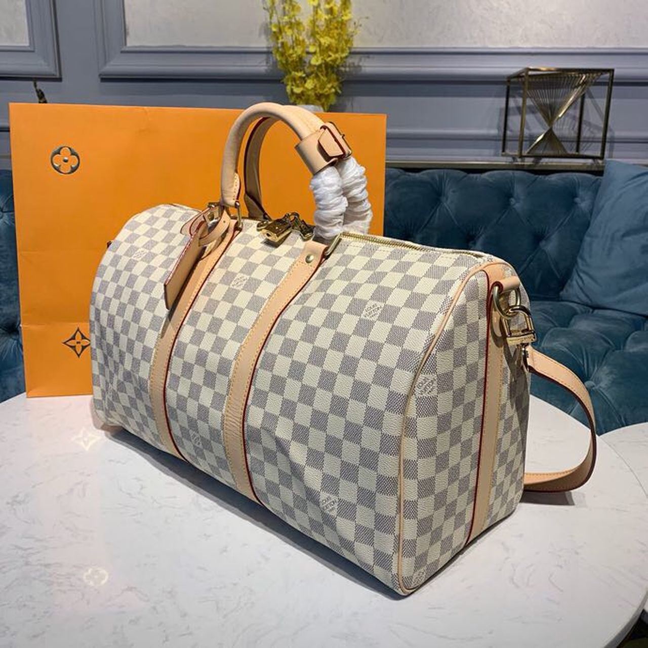 Top Quality Keepall Bandouliere 45 Damier Azur Canvas For Women, WoBags, Travel Bags 17.7in/45cm Top Quality N41430