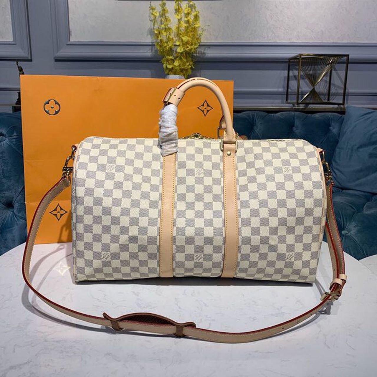 Top Quality Keepall Bandouliere 45 Damier Azur Canvas For Women, WoBags, Travel Bags 17.7in/45cm Top Quality N41430