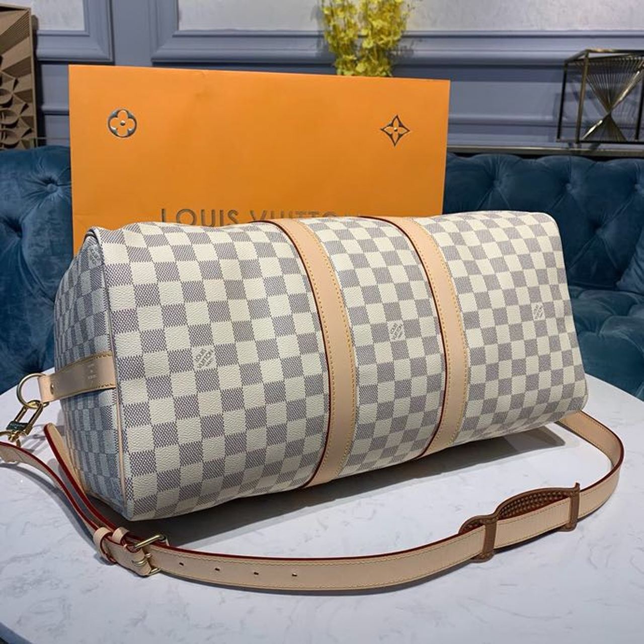 Top Quality Keepall Bandouliere 45 Damier Azur Canvas For Women, WoBags, Travel Bags 17.7in/45cm Top Quality N41430