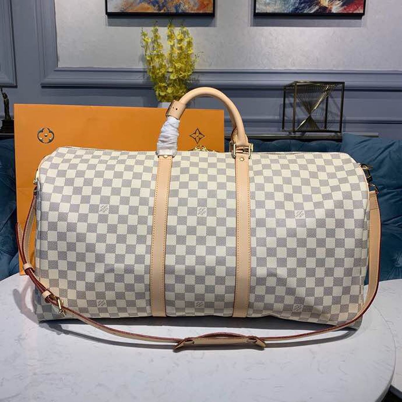 Top Quality Keepall Bandouliere 55 Damier Azur Canvas For Women,  Travel Bags 21.7in/55cm Top Quality N41429
