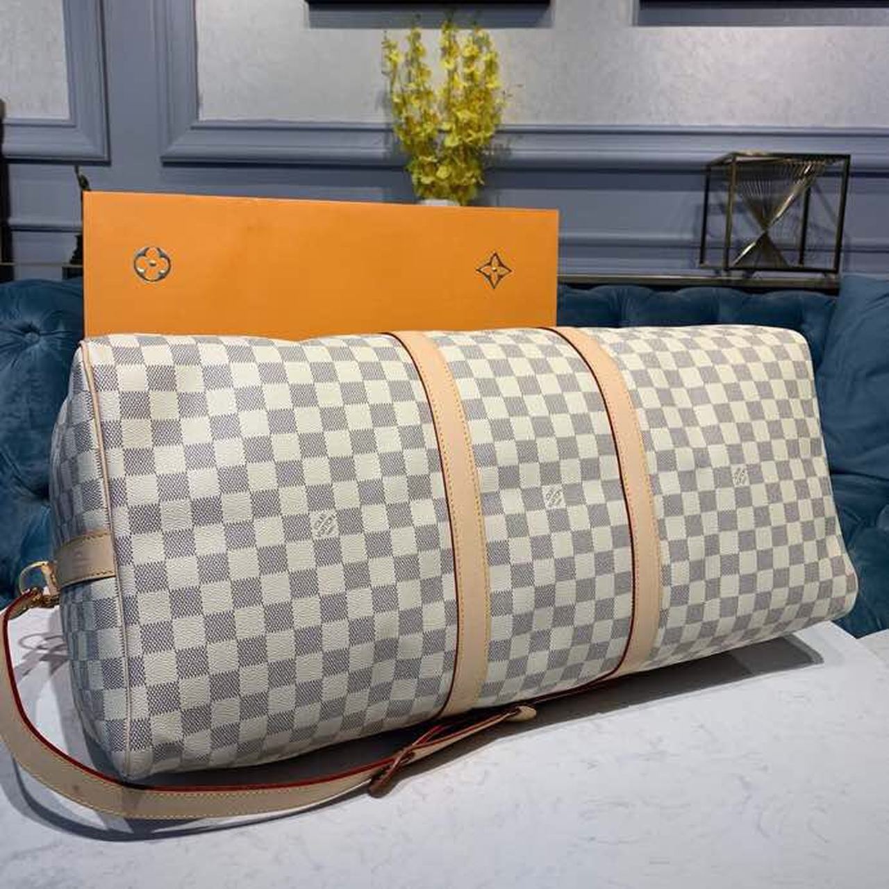 Top Quality Keepall Bandouliere 55 Damier Azur Canvas For Women,  Travel Bags 21.7in/55cm Top Quality N41429
