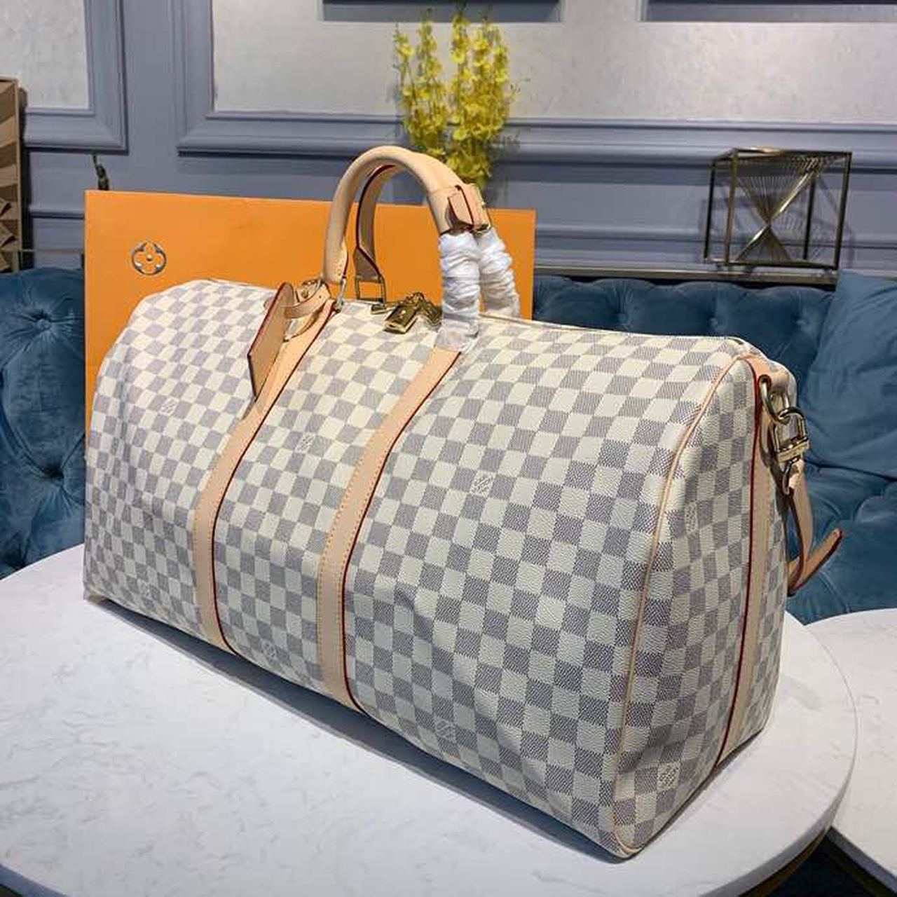 Top Quality Keepall Bandouliere 55 Damier Azur Canvas For Women,  Travel Bags 21.7in/55cm Top Quality N41429