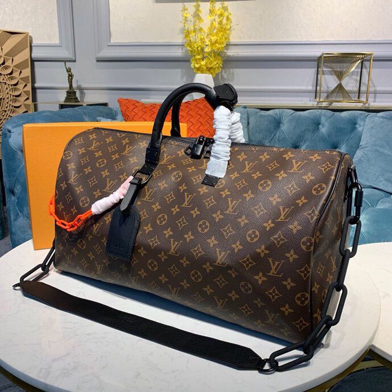 Top Quality Keepall Bandouliere 50 Monogram Solar Ray Canvas Black/Orange By Virgil Abloh For Men, Bags, Travel Bags 19.7in/50cm Top Quality M44471