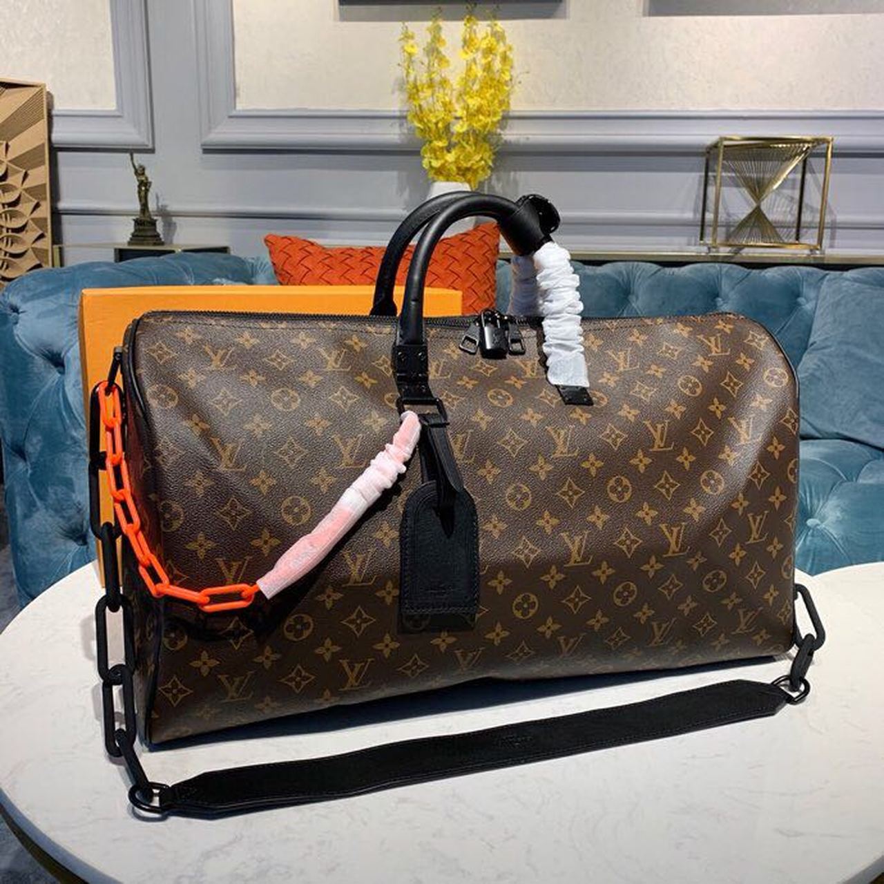 Top Quality Keepall Bandouliere 50 Monogram Solar Ray Canvas Black/Orange By Virgil Abloh For Men, Bags, Travel Bags 19.7in/50cm Top Quality M44471