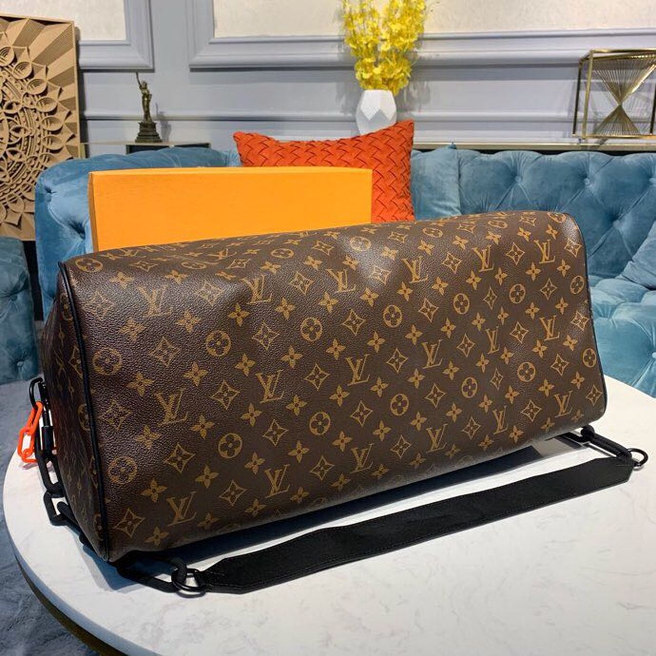 Top Quality Keepall Bandouliere 50 Monogram Solar Ray Canvas Black/Orange By Virgil Abloh For Men, Bags, Travel Bags 19.7in/50cm Top Quality M44471