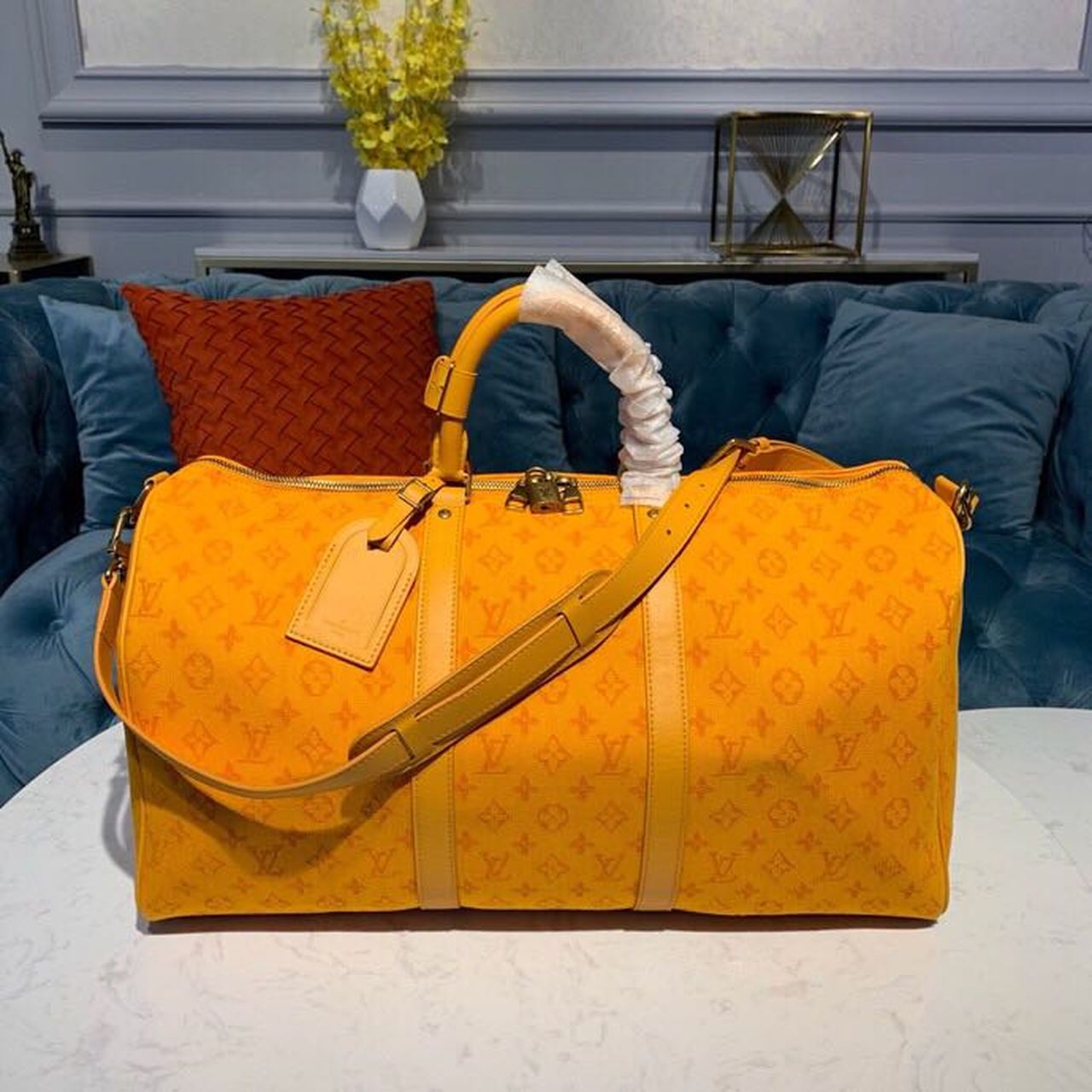 Top Quality Keepall Bandouliere 50 Monogram Denim Ochre Yellow For Men, Mens Bags, Travel Bags 19.7in/50cm Top Quality M44644