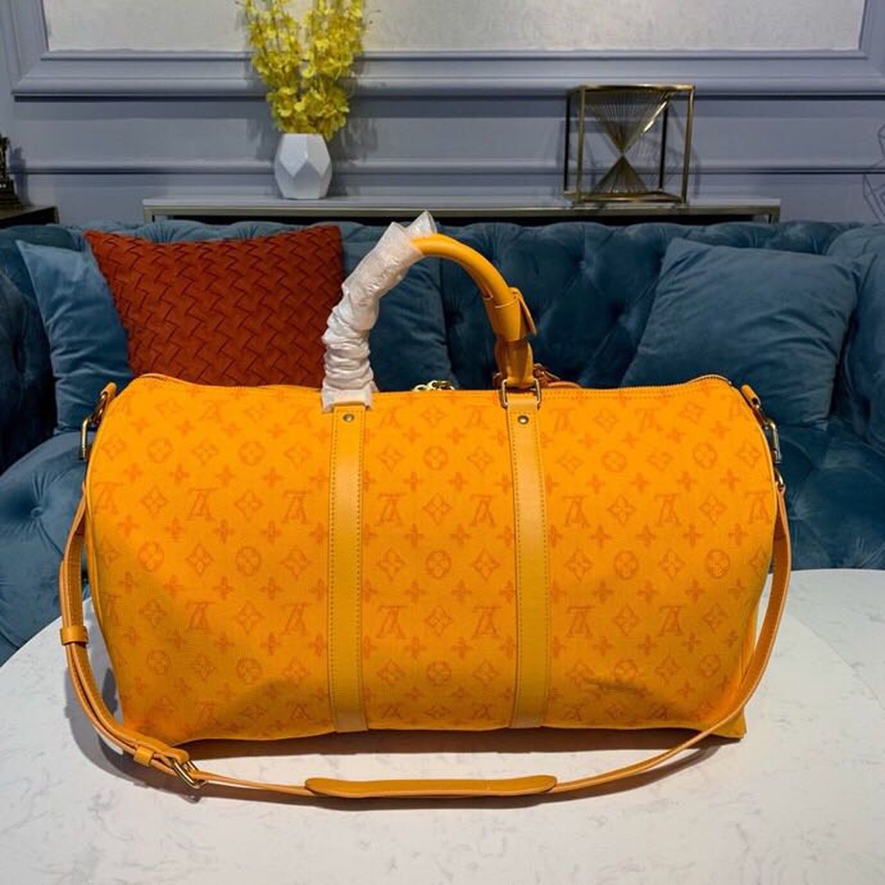 Top Quality Keepall Bandouliere 50 Monogram Denim Ochre Yellow For Men, Mens Bags, Travel Bags 19.7in/50cm Top Quality M44644