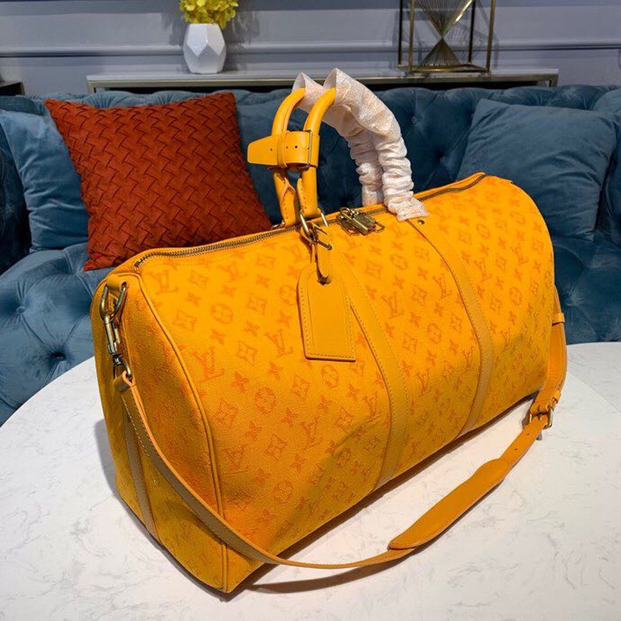 Top Quality Keepall Bandouliere 50 Monogram Denim Ochre Yellow For Men, Mens Bags, Travel Bags 19.7in/50cm Top Quality M44644