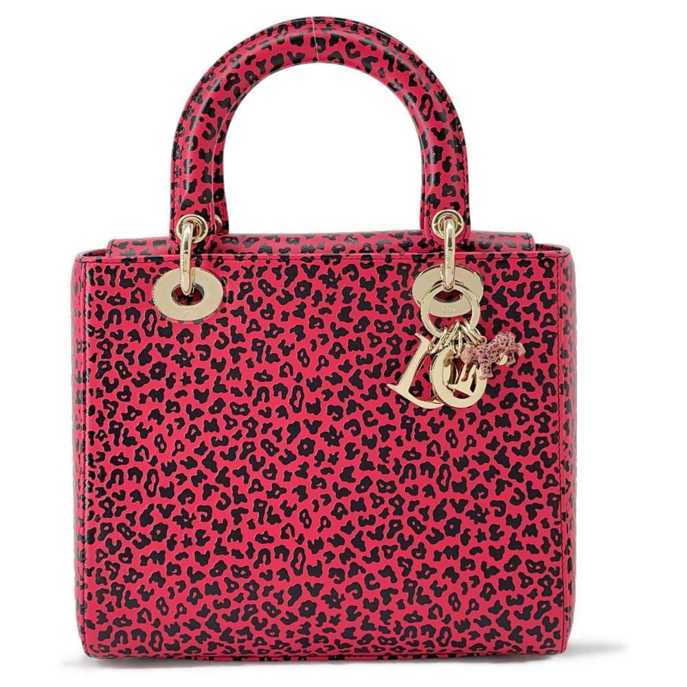 Dior Leopard Lady Dior 2WAY Handbag Pink/Black Leather