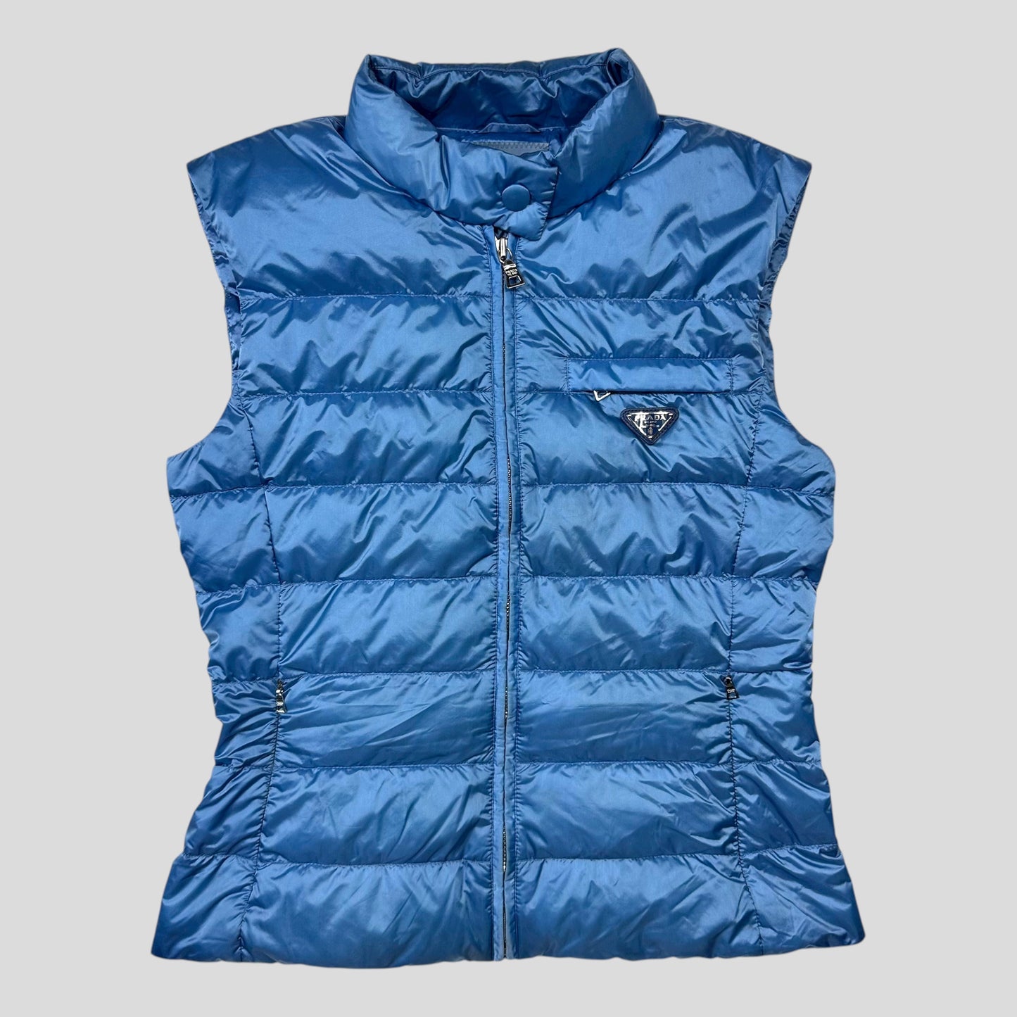 Prada Milano 2011 Satin Blue Nylon Down Logo Gilet