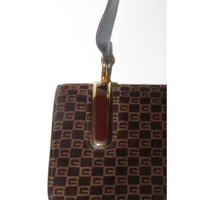 Gucci   Brown Square G Logo Print Suede And Brown Leather Shoulder Bag