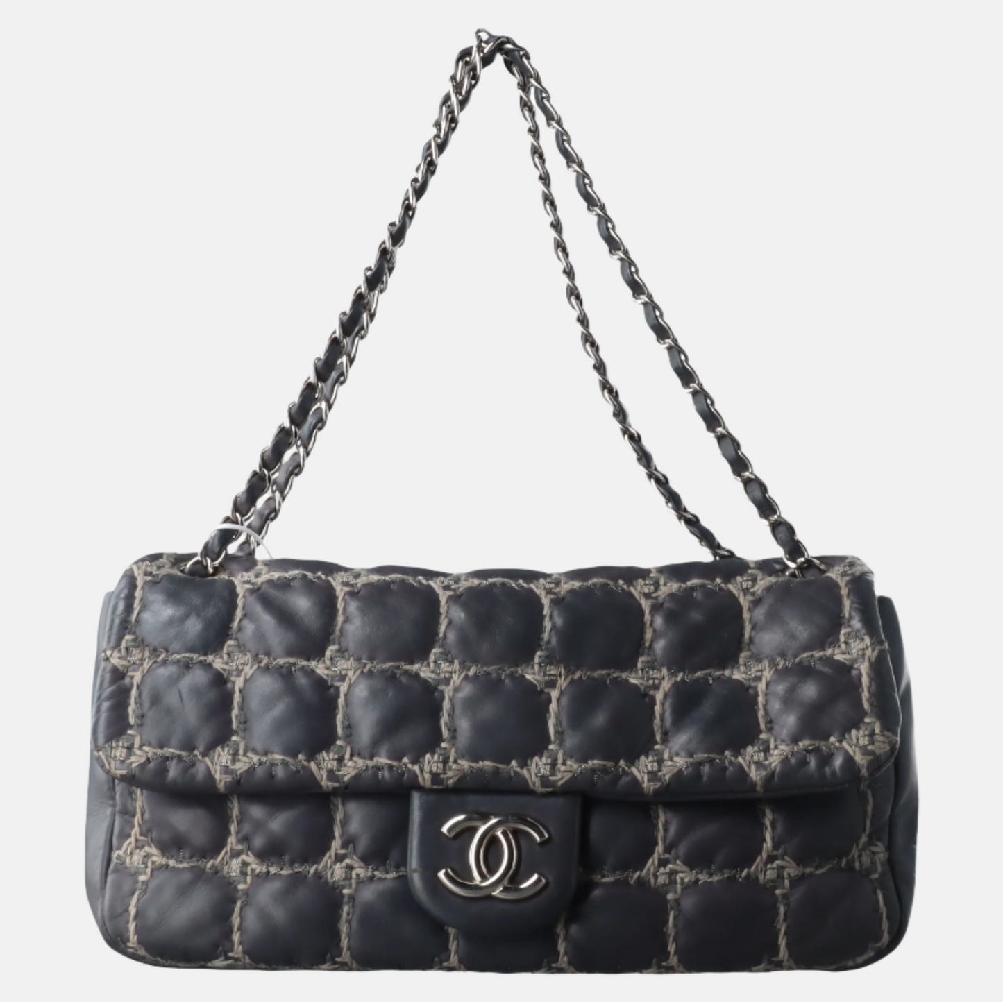 Chanel Tweed Square Stitch on Leather Bubble Grey Medium Shoulder Bag