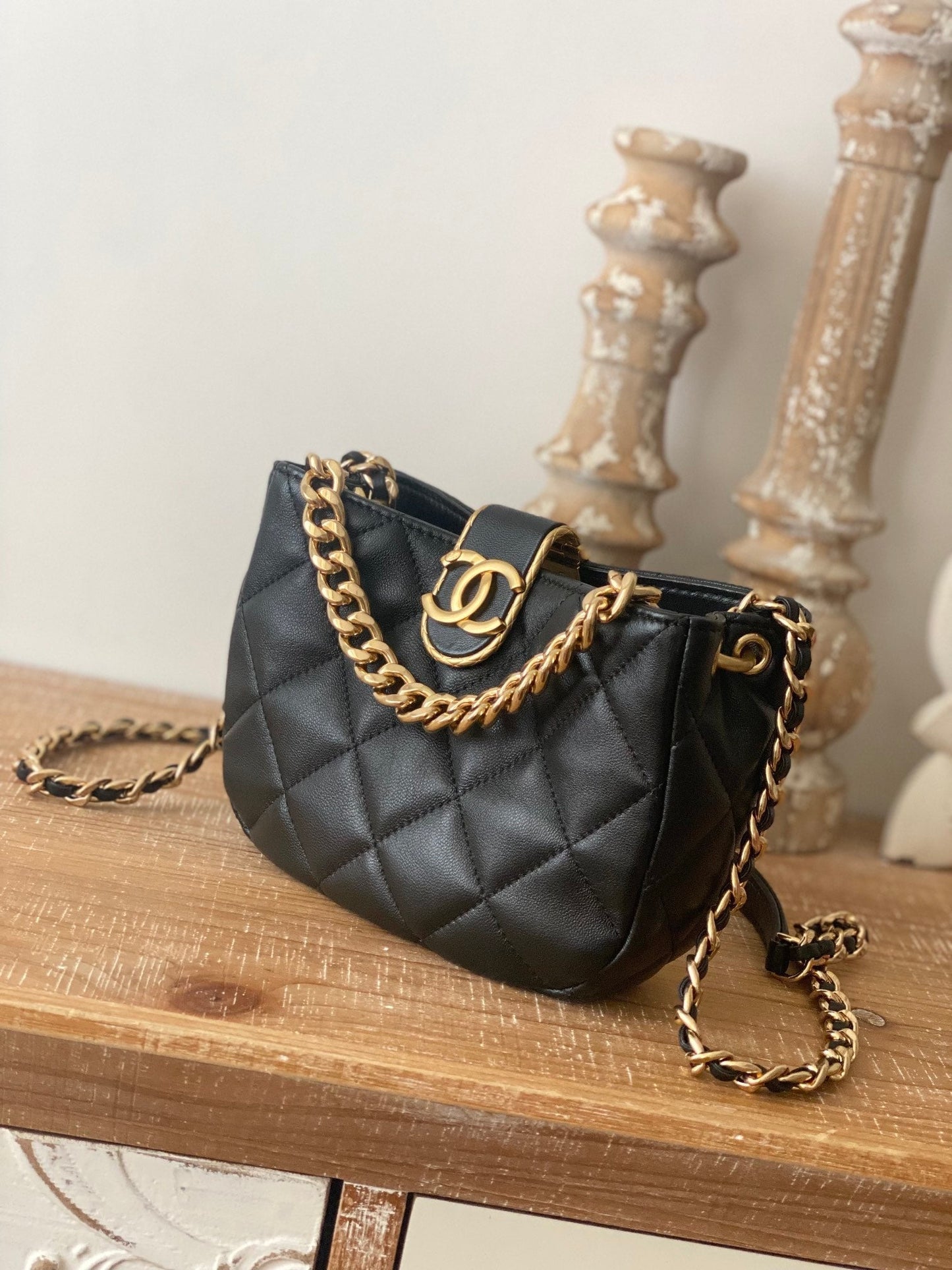 CHLSmall Hobo Bag Gold Hardware Black For Women Handbags, Shoulder Bags 7.5in/19cm