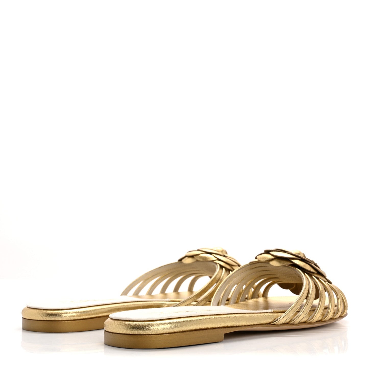 Chanel Laminated Lambskin Camellia CC Slide Sandals 36 Golden