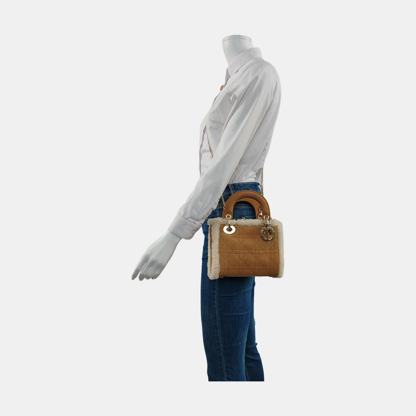 Lady Dior Mini Handbag Brown Leather Shearling Gold Hardware