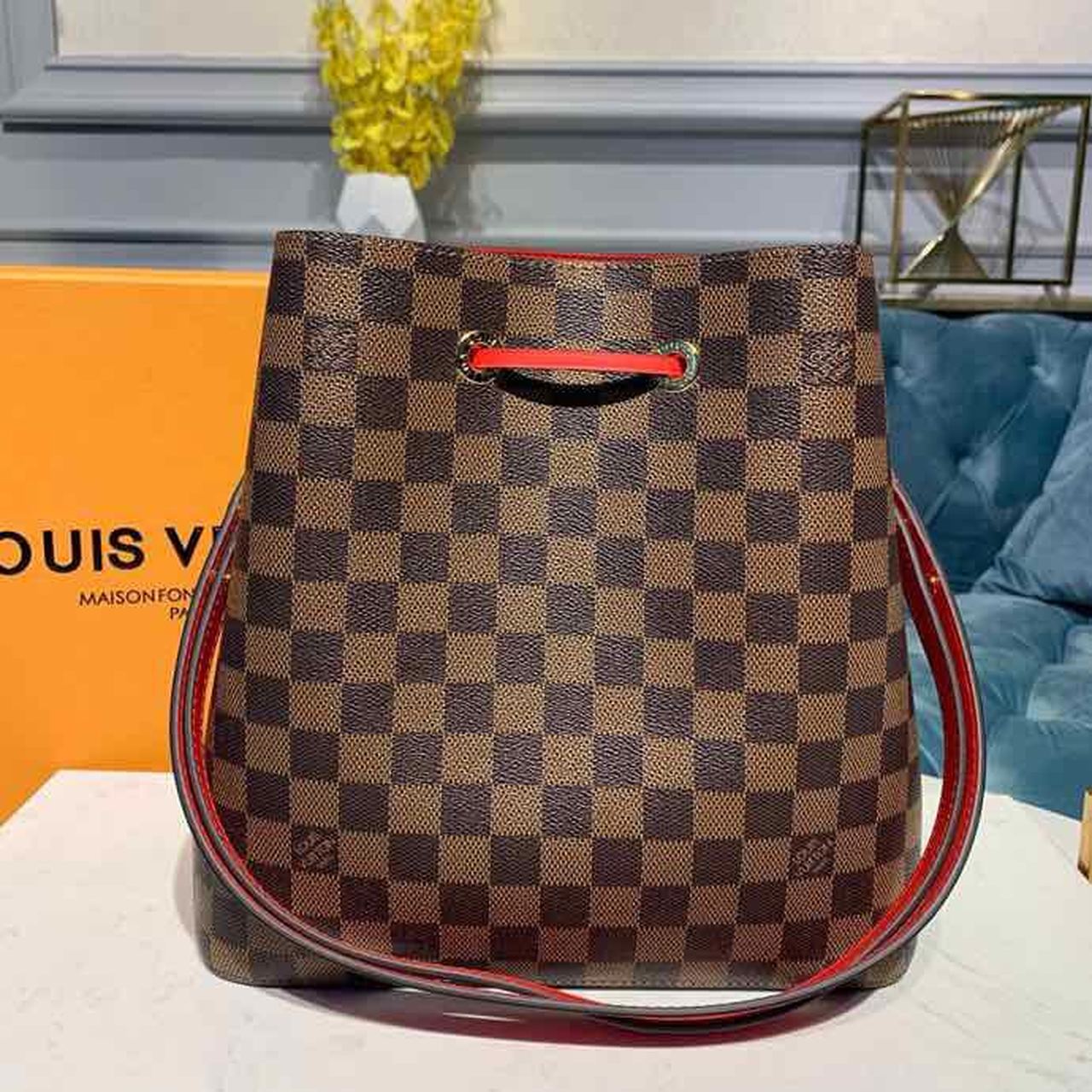 Top Quality Neo Noe BB Bucket Bag 26cm Damier Ebene Canvas Spring/Summer Collection N40214, Cherry Berry