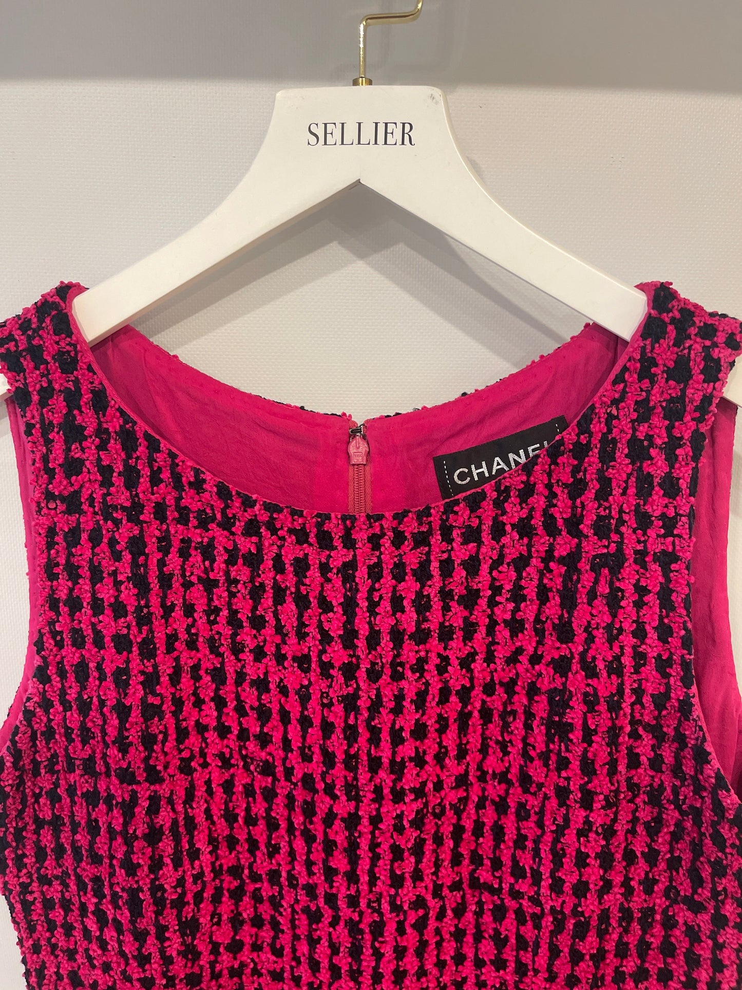 Chanel Fall 2016 Pink and Black Tweed Sleeveless Midi Dress with CC Logo Tweed Buttons Size FR 38 (UK 10)