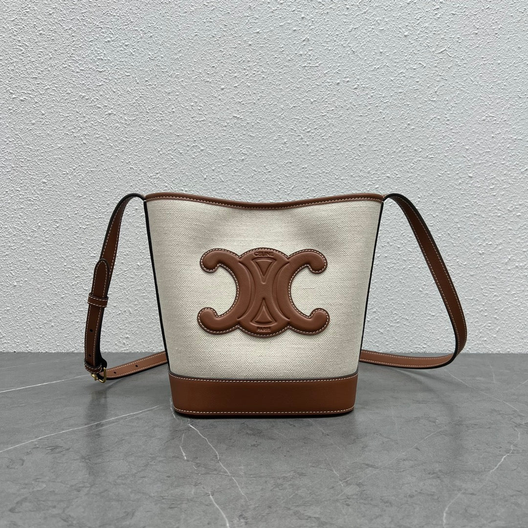 Top Quality Small Bucket Cuir Triomphe In Textile Natural / Tan For Women 9in/22cm 198242EFL.02NT