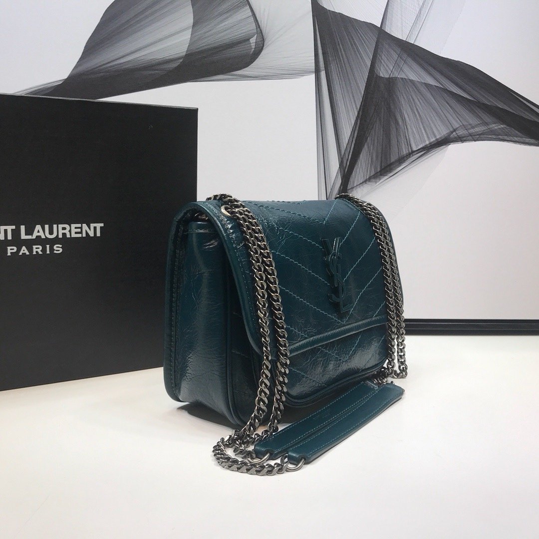 YSSL Niki Baby Chain Bag In Crinkled  Dark Green For Women 8in/21cm YSL