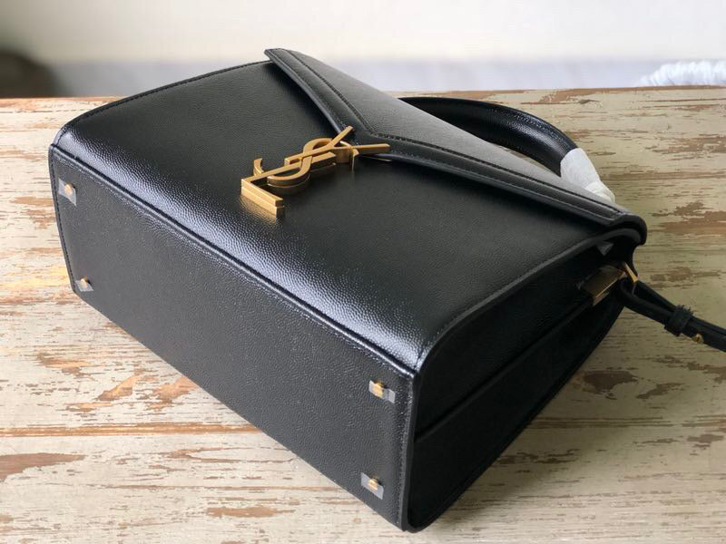 YSSL Cassandra Medium Top Handle Bag In Grain De Poudre Embossed Black For Women 9in/25cm 623931BOW0W1000