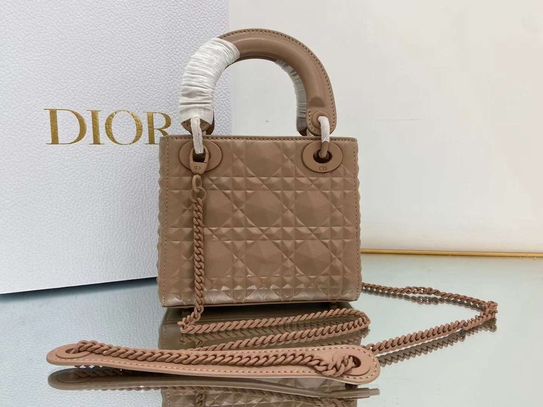 Top Quality Mini Lady Bag Cannage with Beaded Motif, Brown, For Women Womens Handbags, Crossbody Bags, 18cm CD