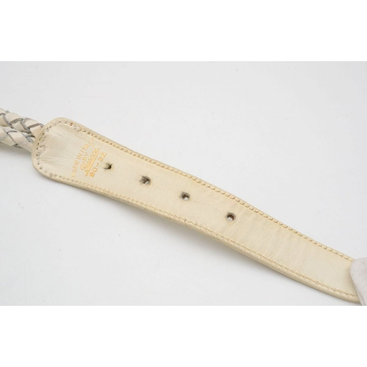 , Gucci, size 80/32, white leather belt with a round, gold buckle with red and blue enamel & two braided leather strands