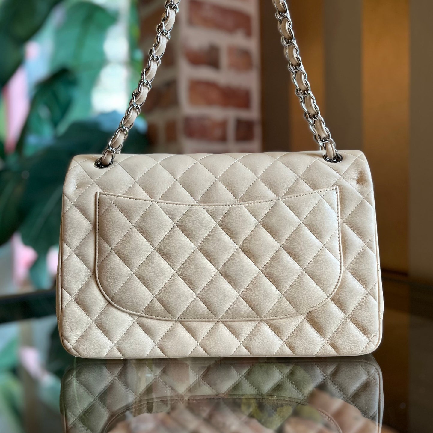 CHANEL Double Flap Jumbo Beige Lambskin Leather Shoulder Bag