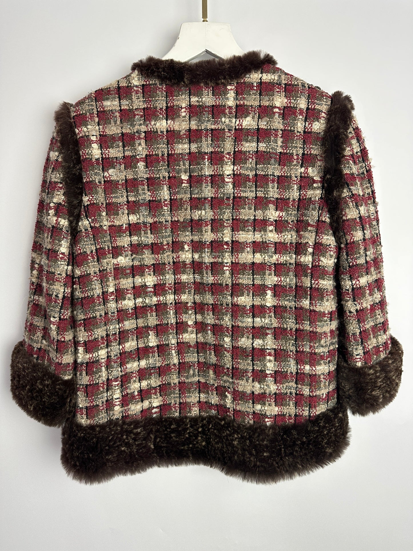 Chanel Red, Beige and Grey Tweed Jacket with Rabbit Fur Trim Detail Size FR 36 (UK 8)