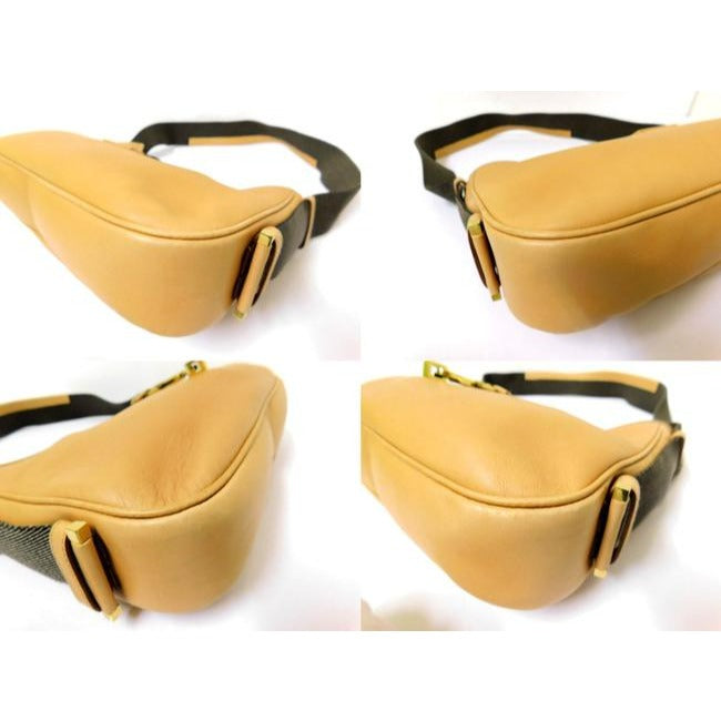 , Tom Ford era, Gucci Jackie orange-ish camel colored leather & brown canvas shoulder bag w stripe