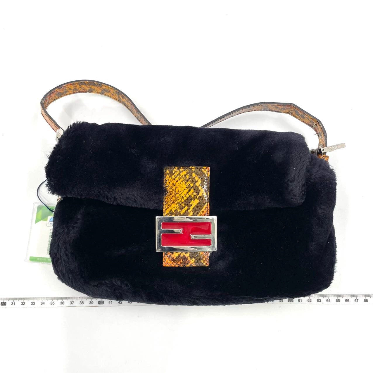 Fendi Baguette Black Faux Fur Snake Skin Strap Red Enamel Buckle Shoulder Bag