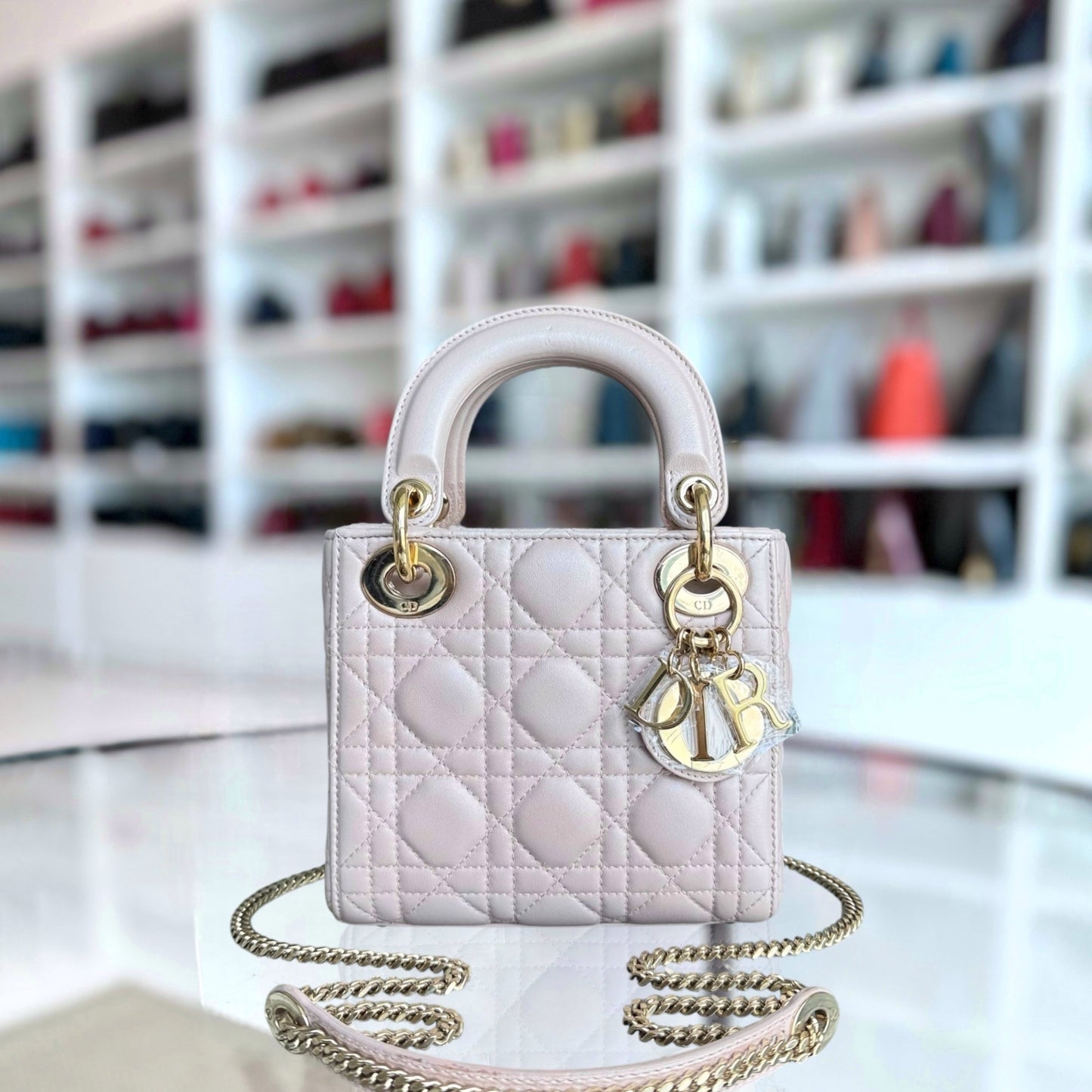 Dior Lady Mini - Cannage Lambskin Light Pink Gold Hardware Chaim Strap