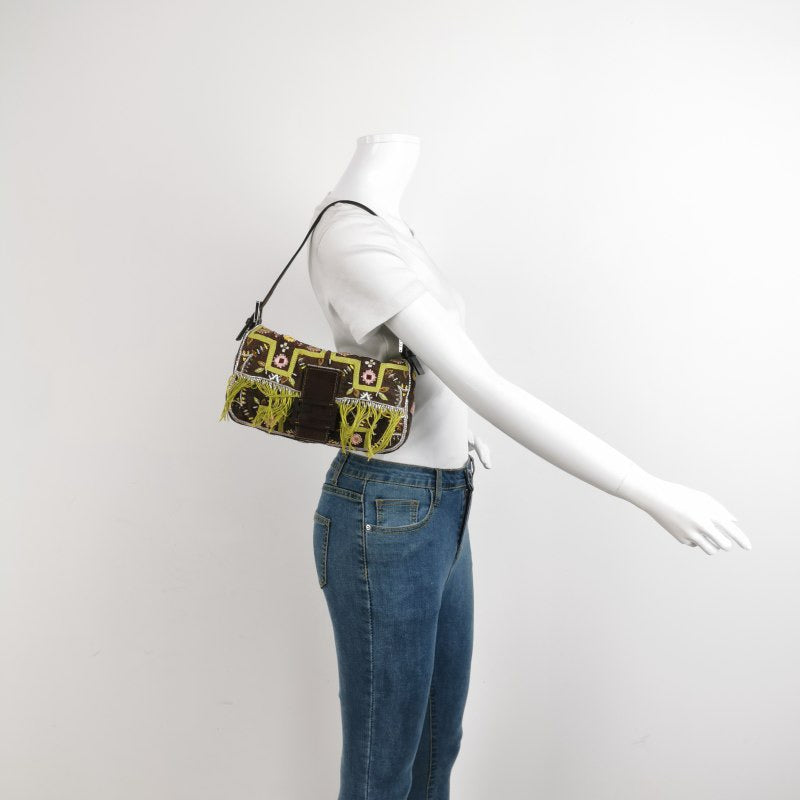 Fendi Baguette   Brown Canvas with embroidery sequins mirrors and tassels