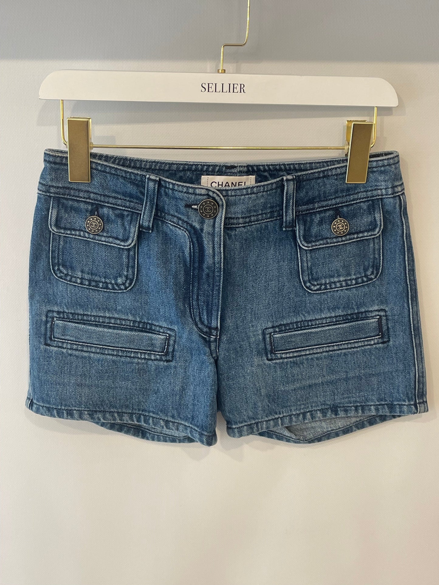 Chanel Paris-Dallas Blue Denim Mini Shorts with CC Logo Buttons Size FR 34 (UK 6)