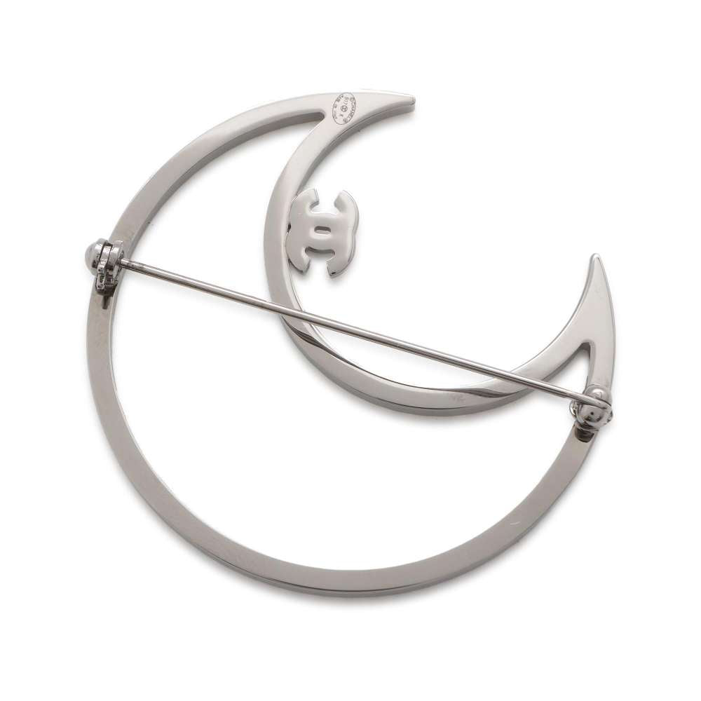 CHANEL Brooch Moon Motif Rhinestone Silver Metal