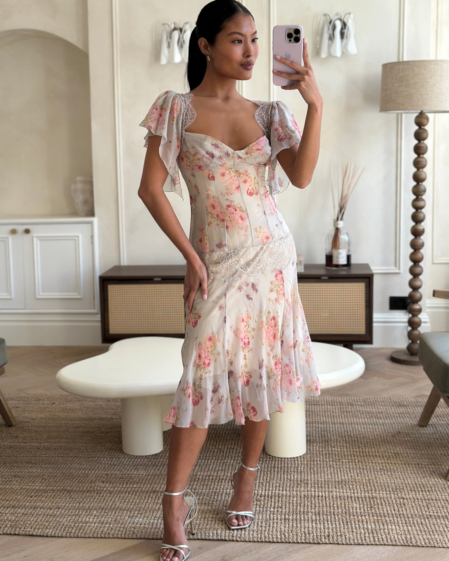 Dolce & Gabbana Sleeveless Silk Dress with Floral Print and Lace Insert Details Size IT 42 (UK 10)