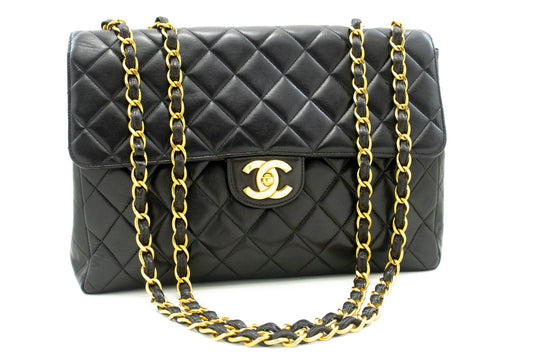 CHANEL Classic Large 11" Chain Shoulder Bag Flap Black Lambskin