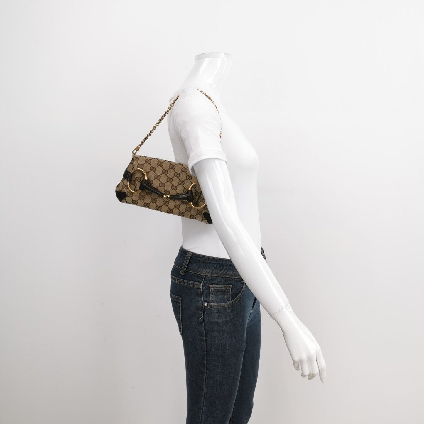 Gucci Horsebit 1955 Chain Clutch Small Cloth Beige Monogram Brown Leather Shoulder bag