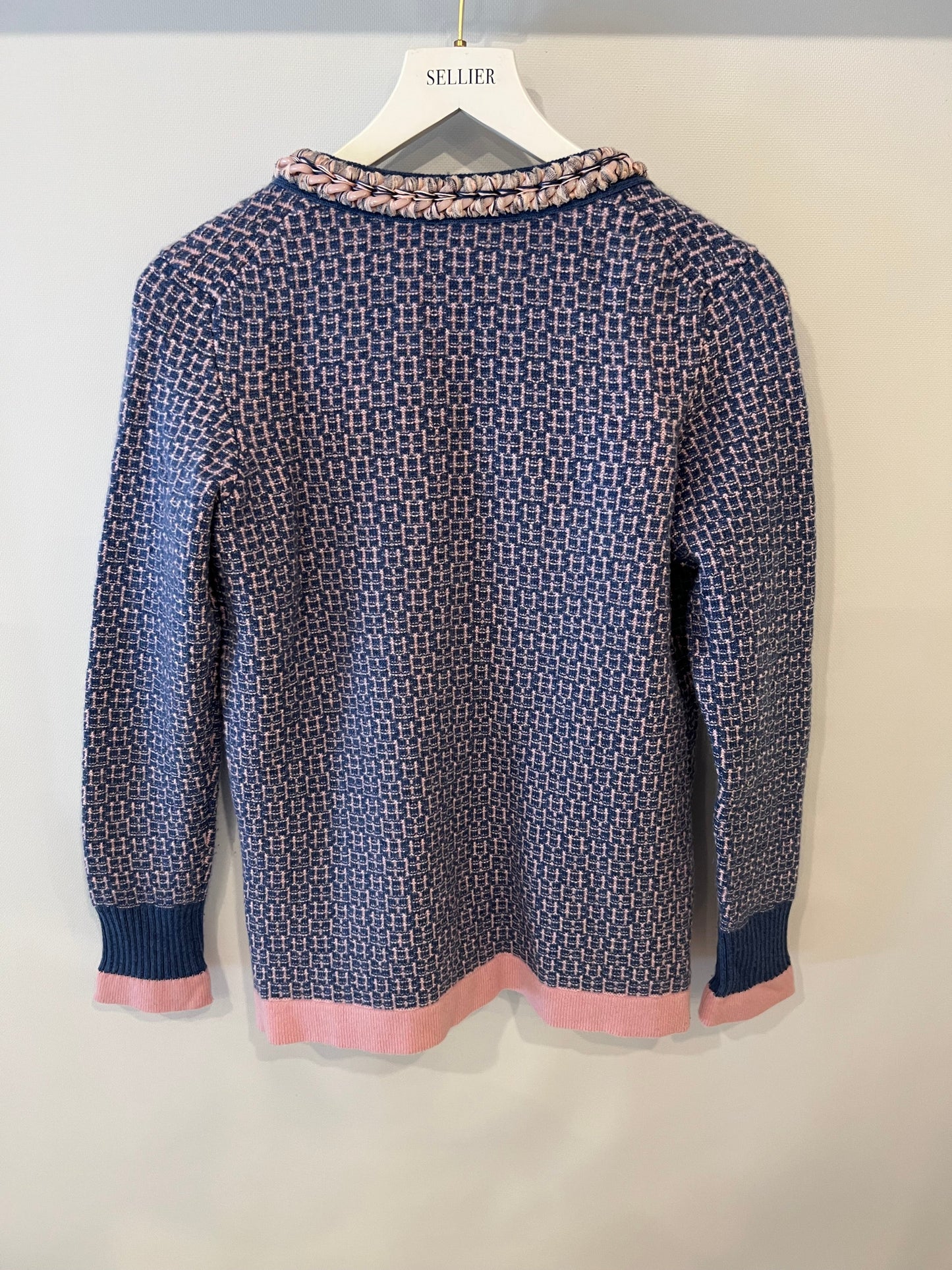 Chanel 11/C Blue and Pink Cashmere Knitted Cardigan with Braided Trim Detail Size FR 36 (UK 8)