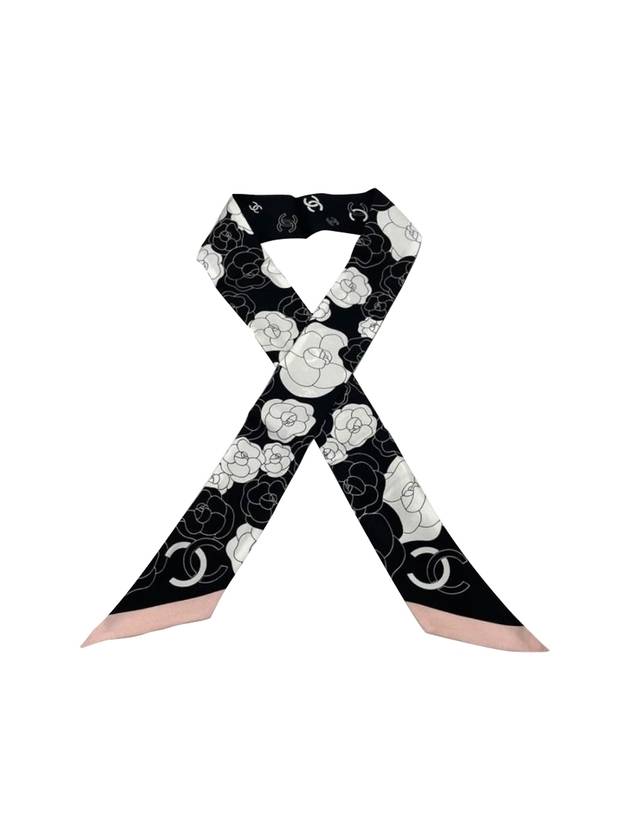 Camellia Twilly Silk Muffler Black Pink Chanel